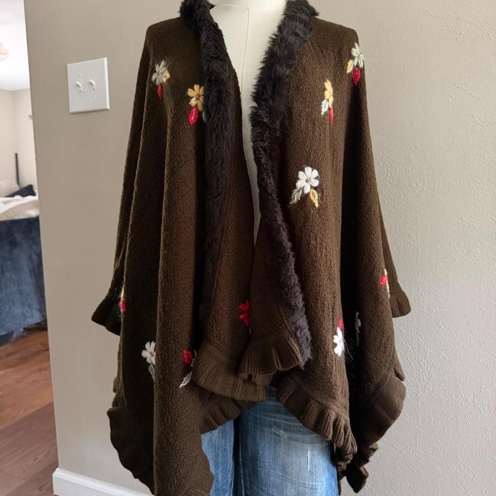 Women's Chocolate Brown Floral Embroidered Faux Fur Trim Poncho
